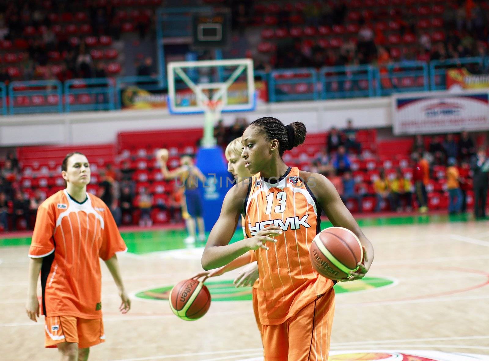 The players of command UMMC before a match of the championship of Russia