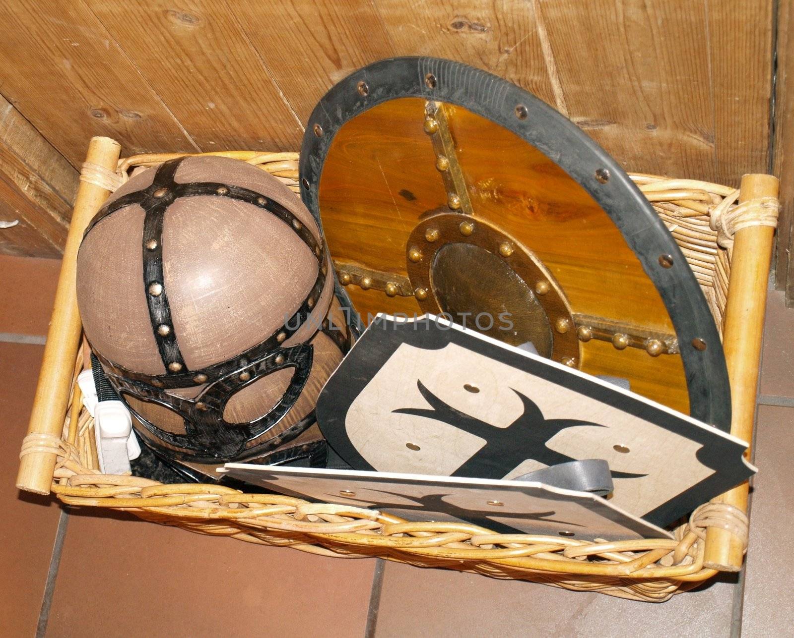 viking helmet and shields