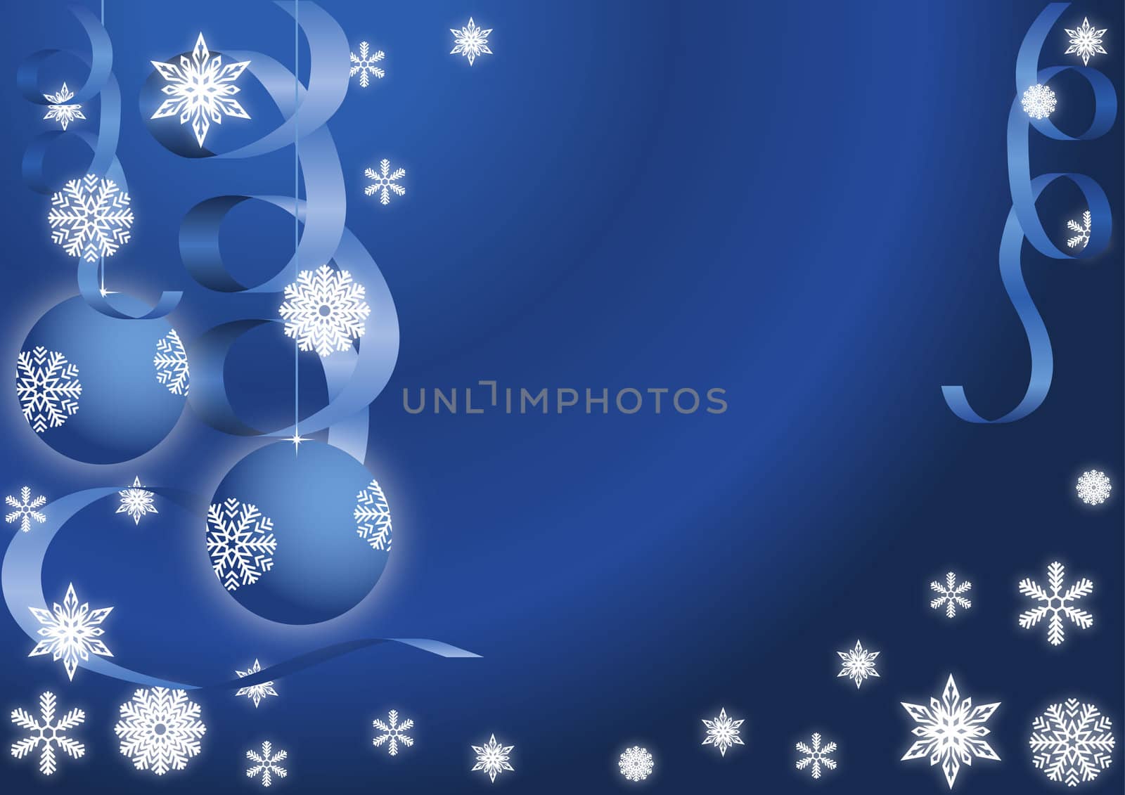 blue background for the Christmas holidays with ribbons, snowflakes and New Year balls