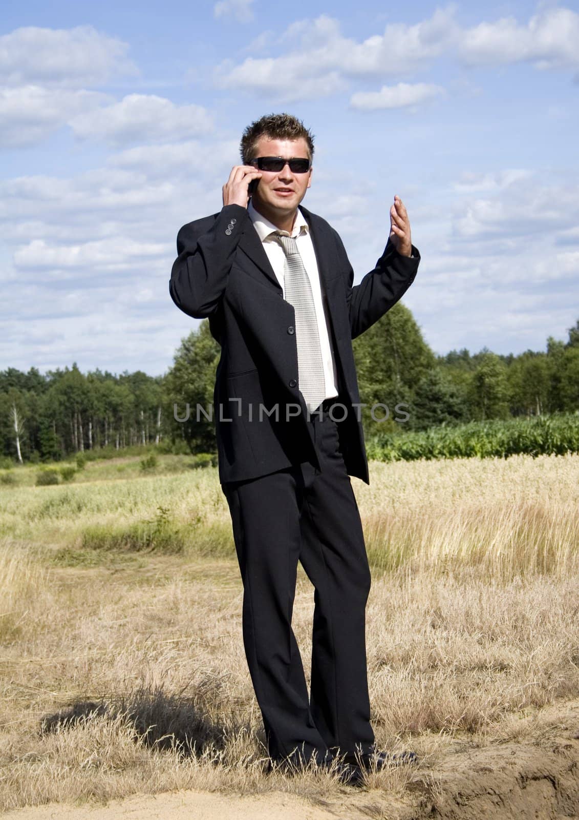 A businessman dressed in a smart suit standing on grass