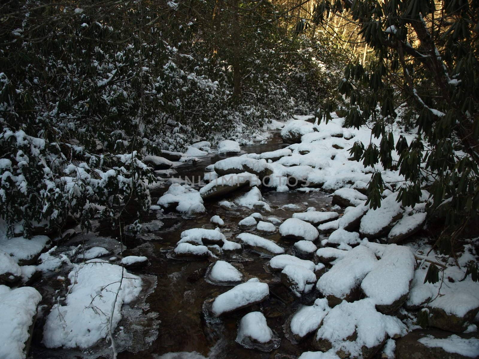 View along the Jacobs Fork River at South Mountain State Park after a snow fall