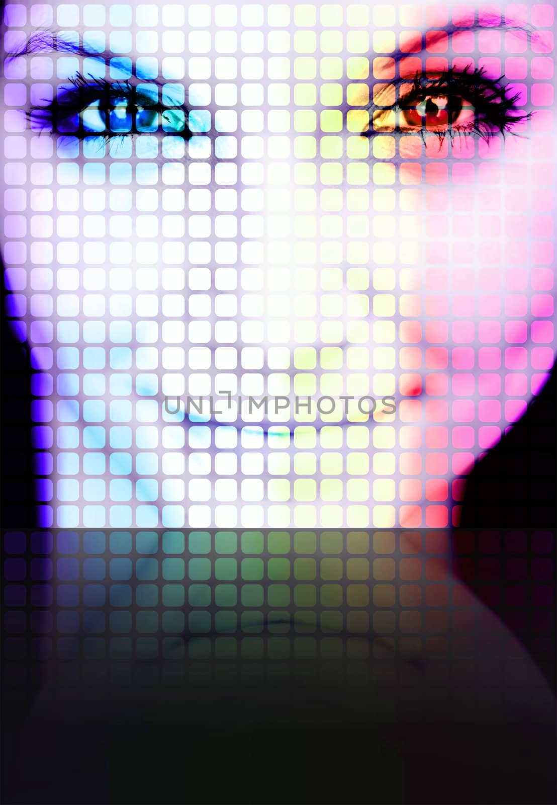 Illustration of a pretty womans face on a large digital screen with reflection on to the floor. Plenty of copy space for your text.