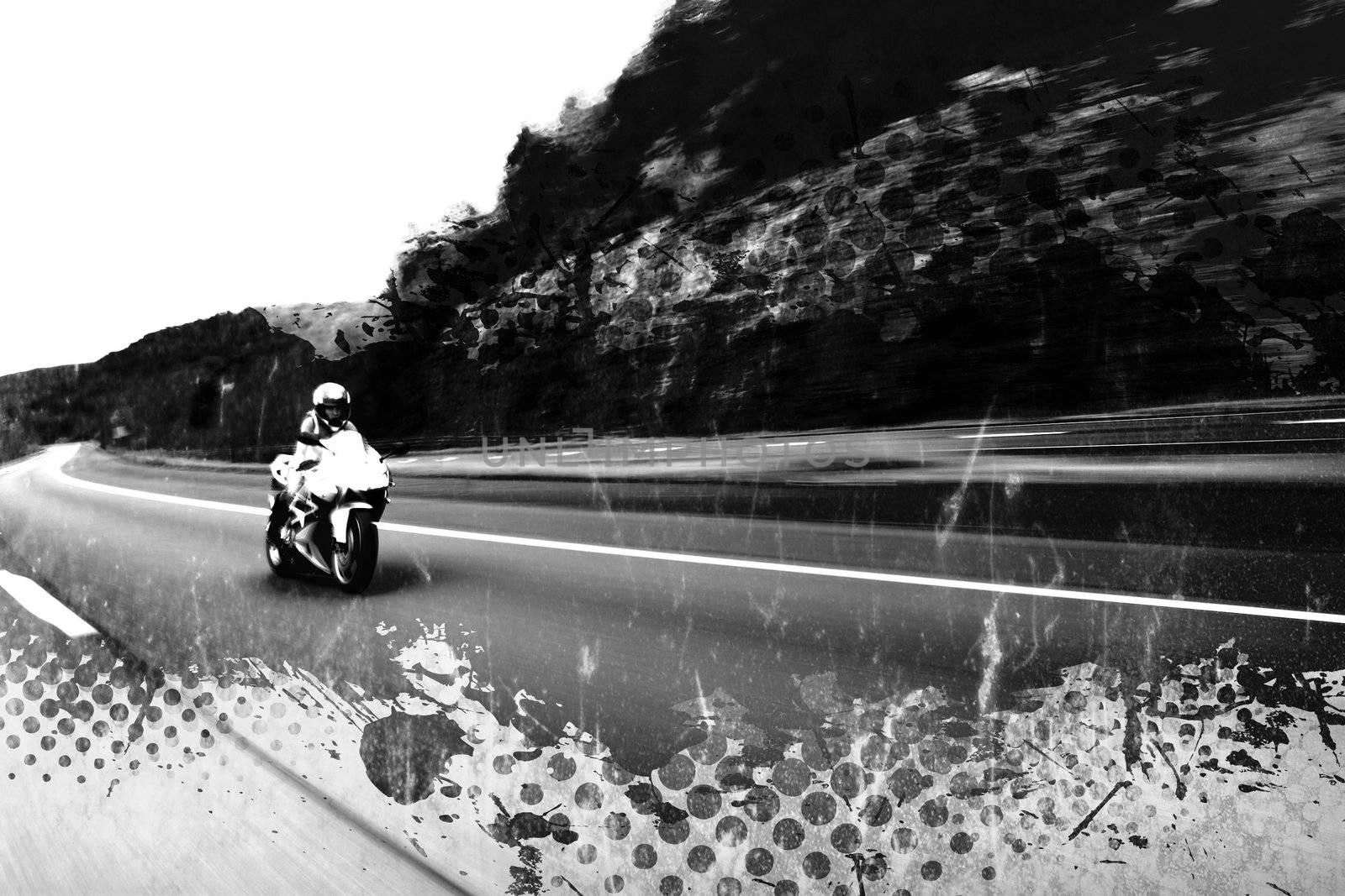 Abstract illustration of a woman driving a motorcycle at highway speeds with grunge halftone and splatter elements.