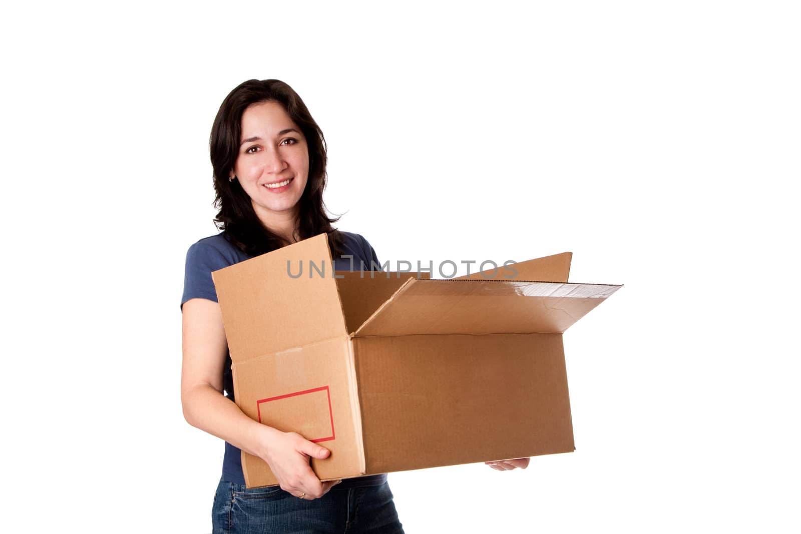 Beautiful attractive happy woman dressed casual carrying open moving storage cardboard box parcel, isolated.