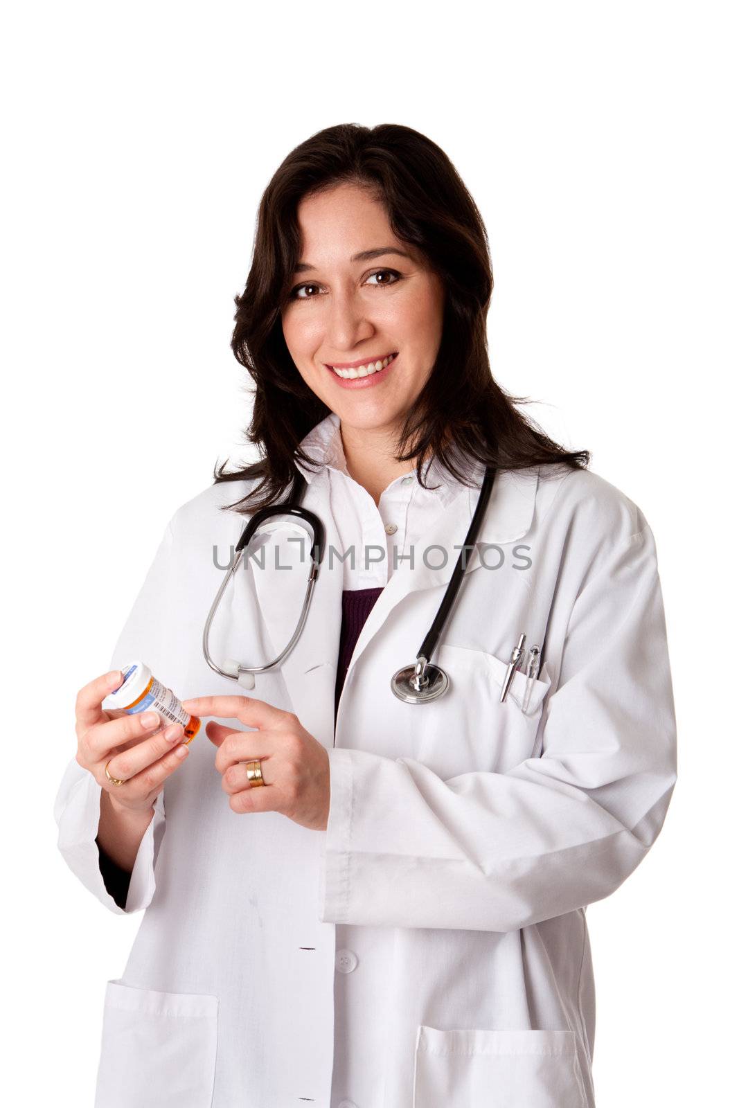 Happy doctor in white coat explaining prescription medication, isolated.