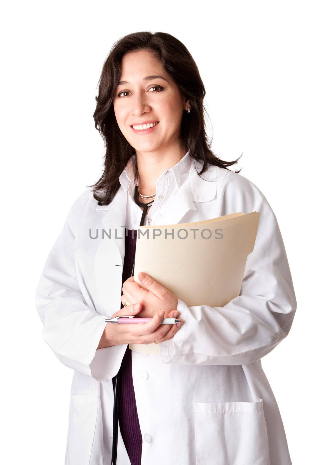 Beautiful happy female doctor physician holding patient medical chart and pen, isolated.