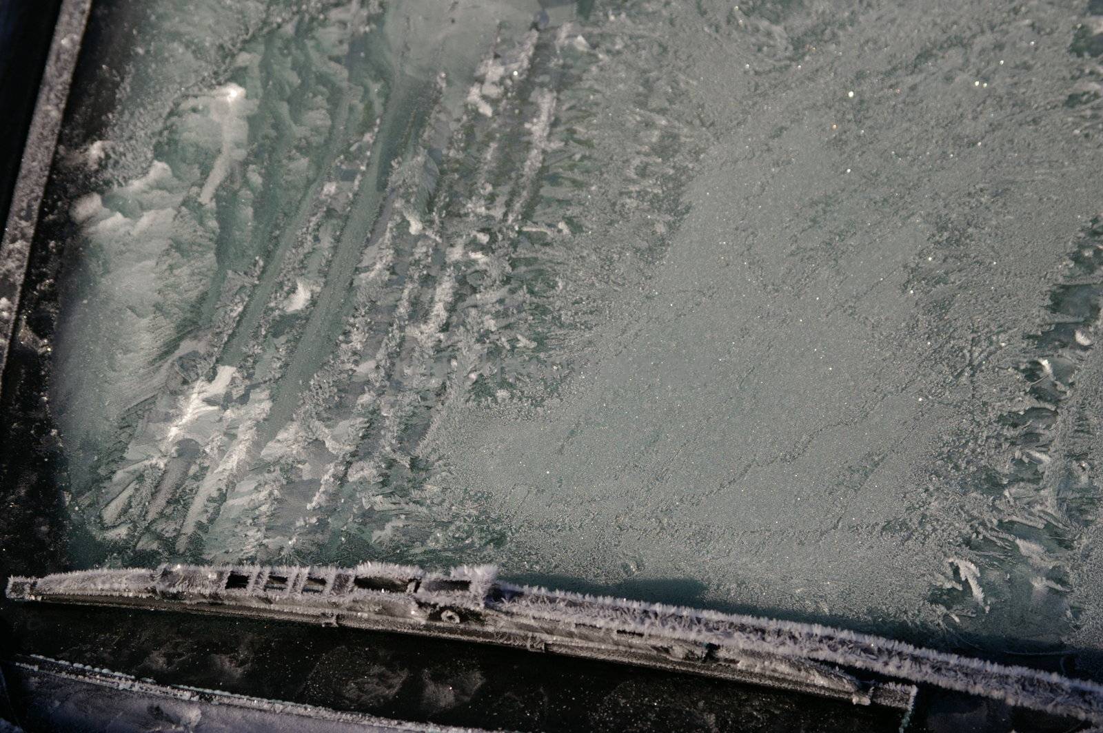 car windshield covered with ice and snow