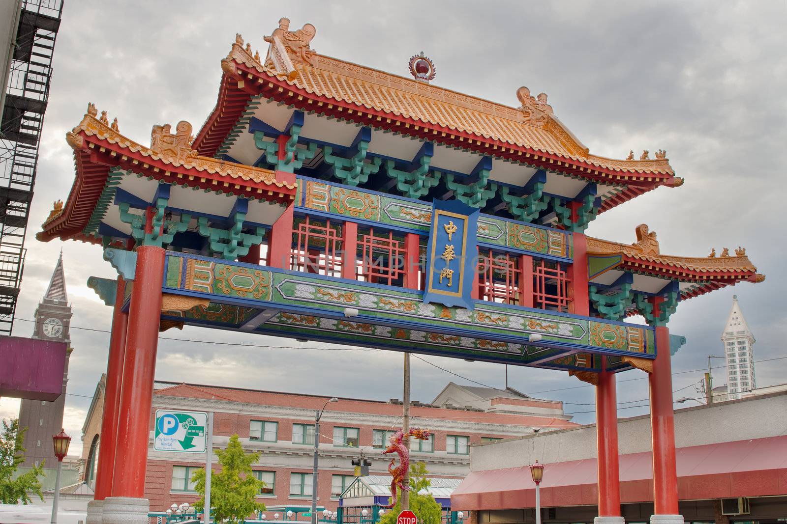 Sunset at Chinatown Gate with Union Station in Seattle Washington