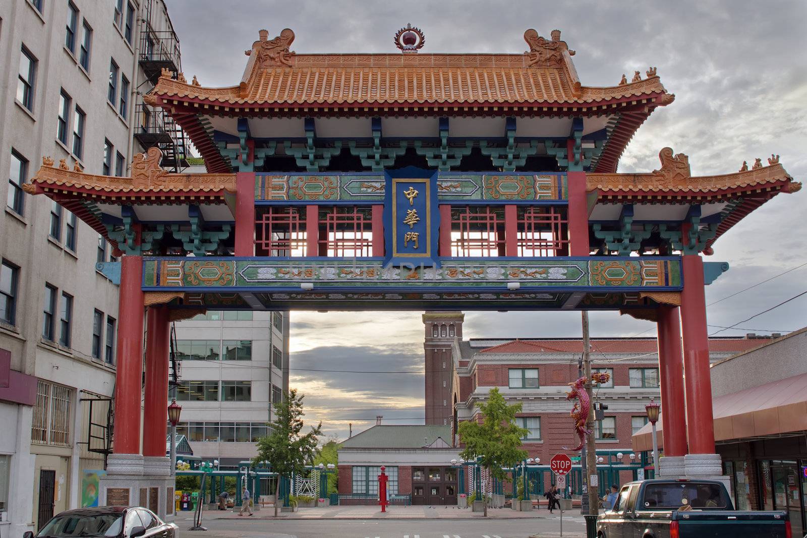 Sunset at Chinatown Gate with Union Station in Seattle Washington