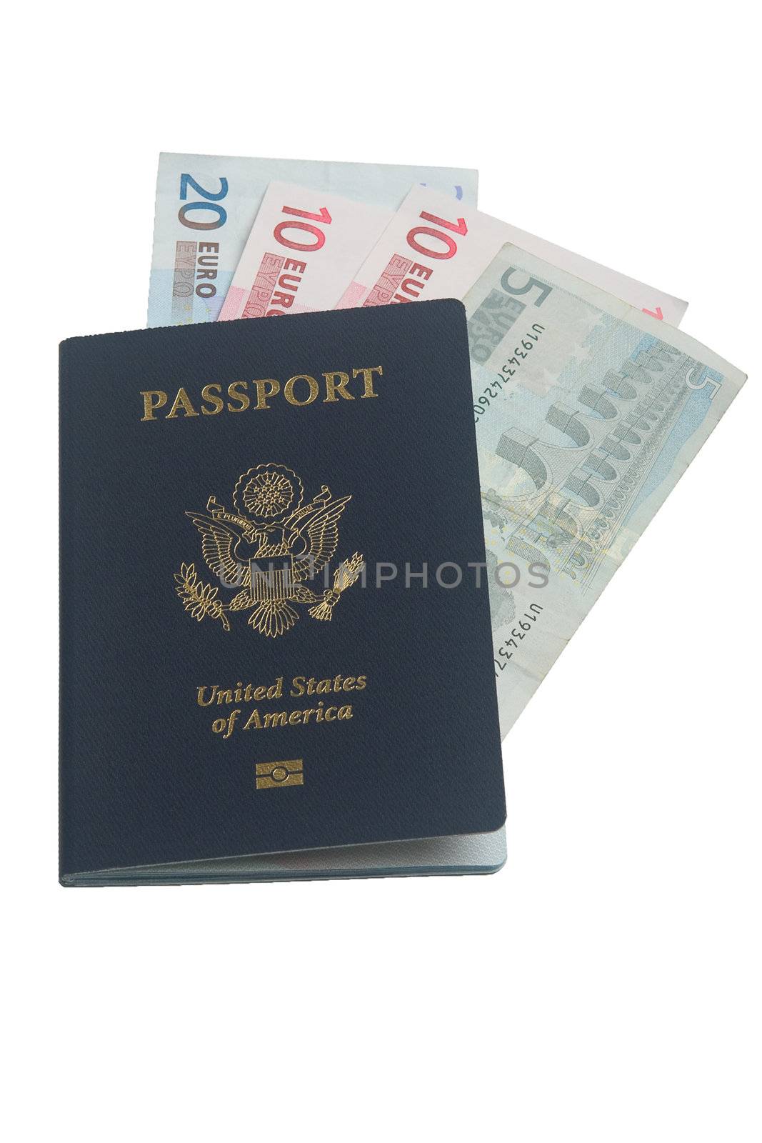 US passport with euros on a white background