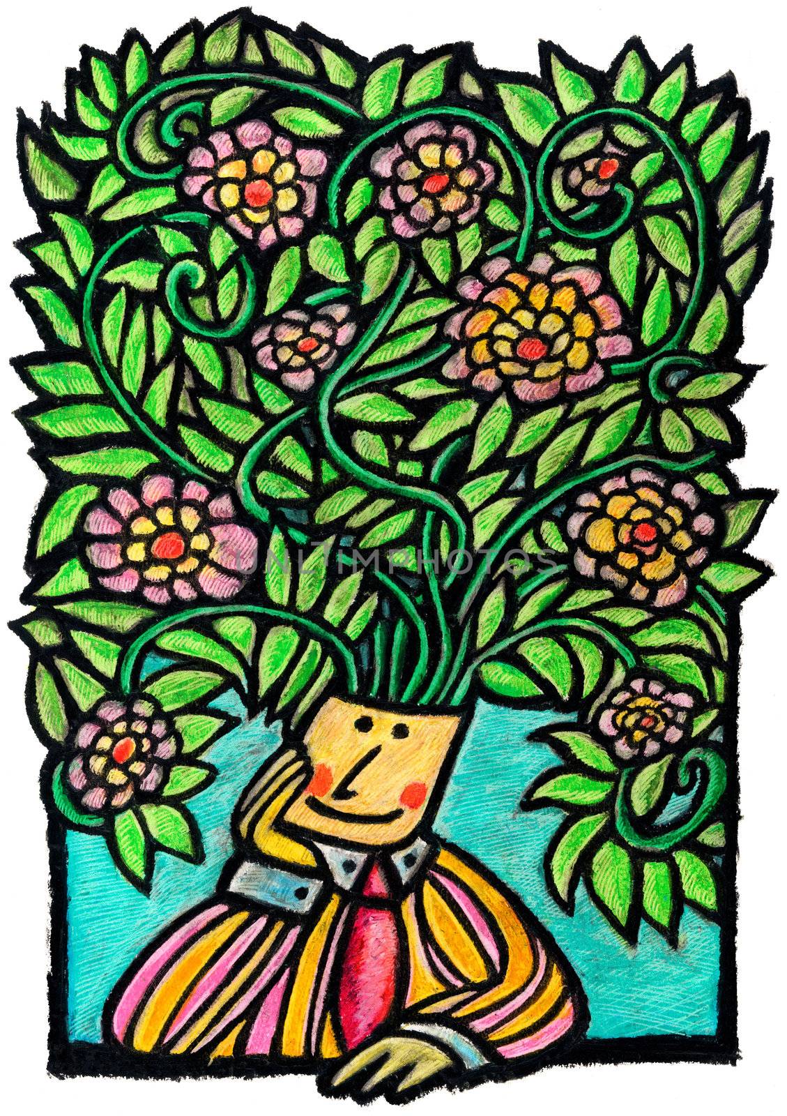 Springtime concept Illustration: A man with a lot of green leaf and flowers jumping from his head. A child style illustration. Also a Gardening concept.
 Technique: oil pastels on paper.
It is a work of mine scanned