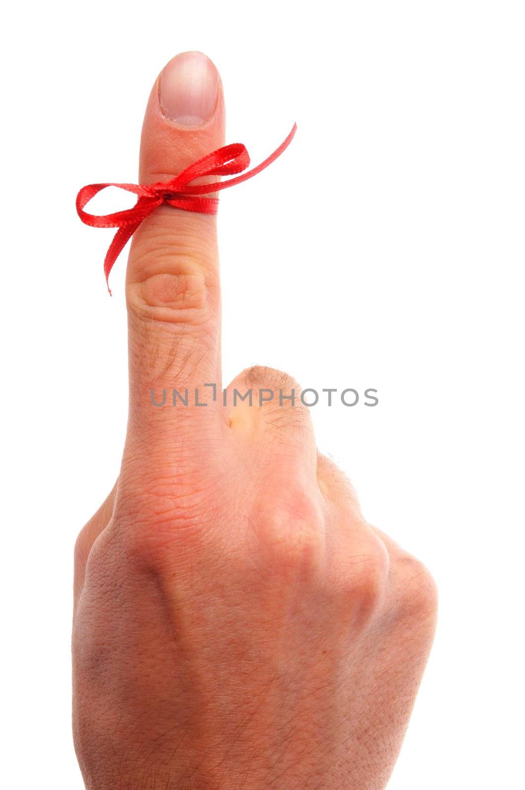 reminder concept with hand and red bow isolated on white background