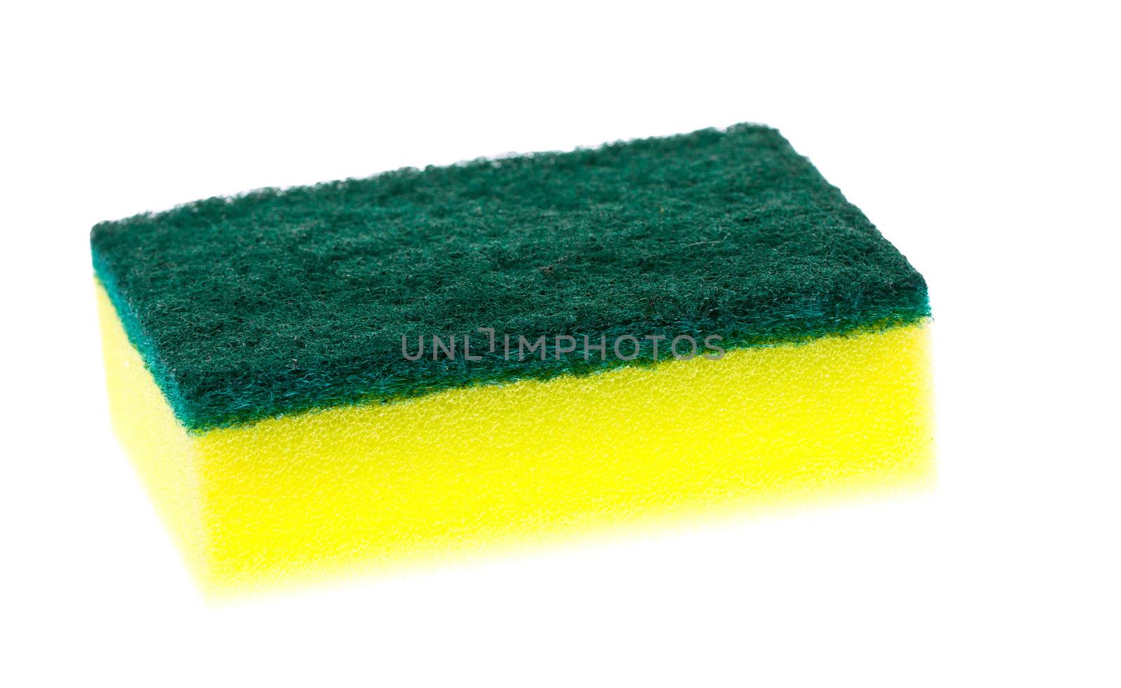 A new, clean and colorful yellow and green scrubber pad or scourer. Isolated over white with clipping path.