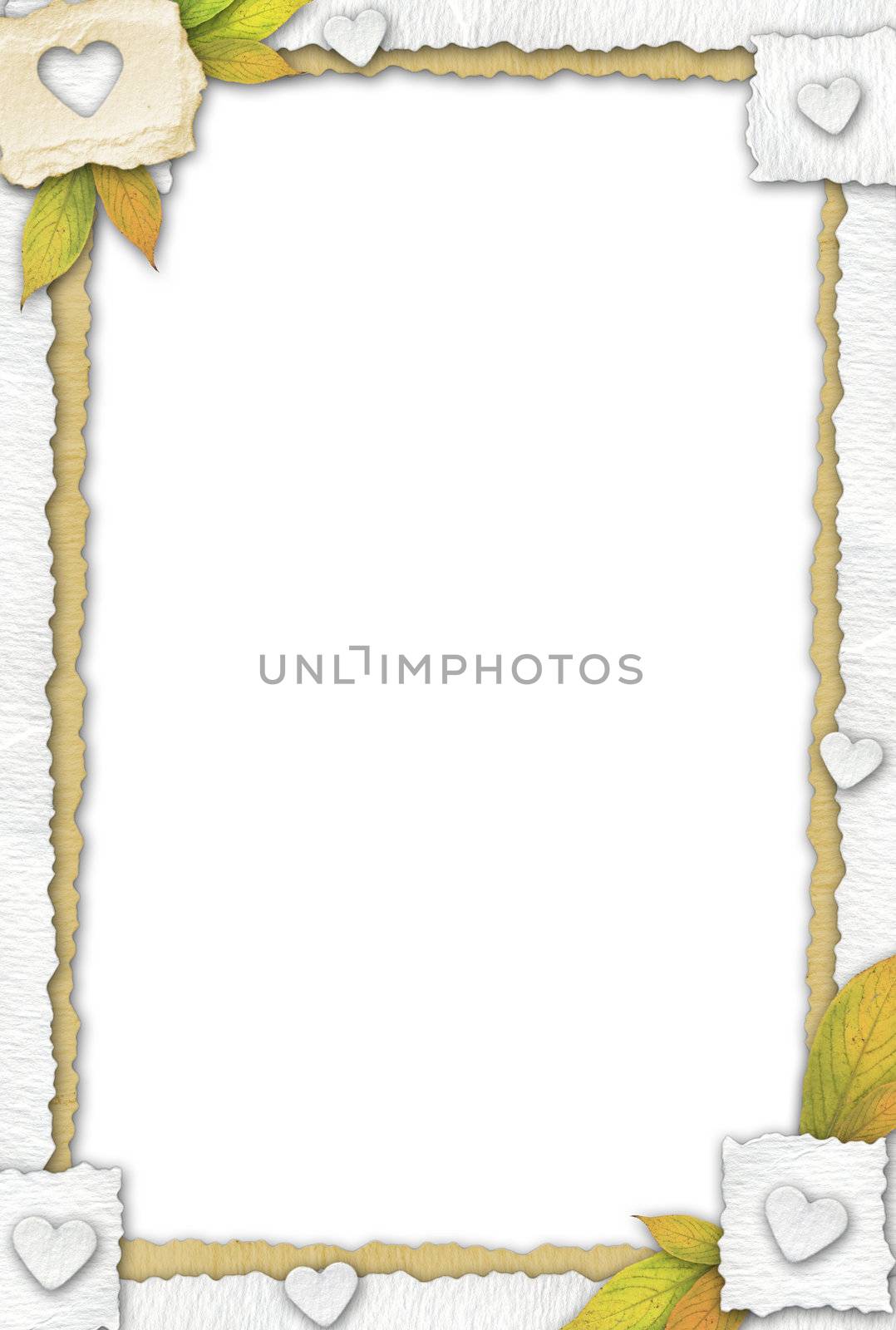 Frame made by several pieces of paper and leaves. All scanned media.
Included a clipping path.