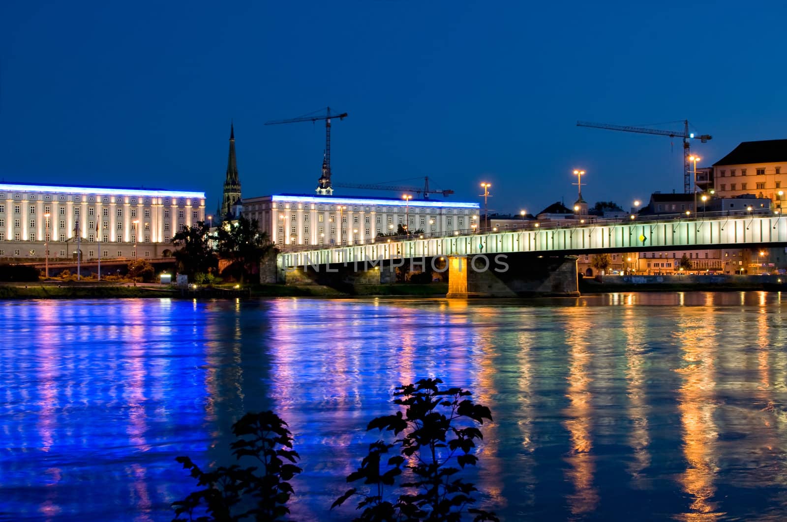 Bridge over Danube River at Night in Linz, Austria