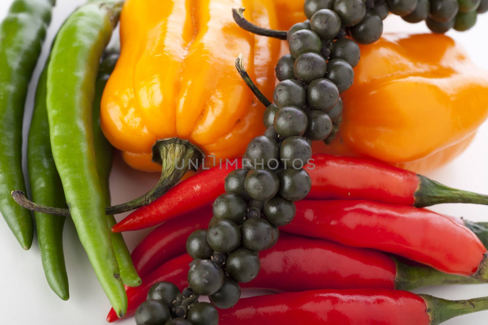 Spicy vegetables: pepper corns, scotch bonnets, red and green chili peppers.