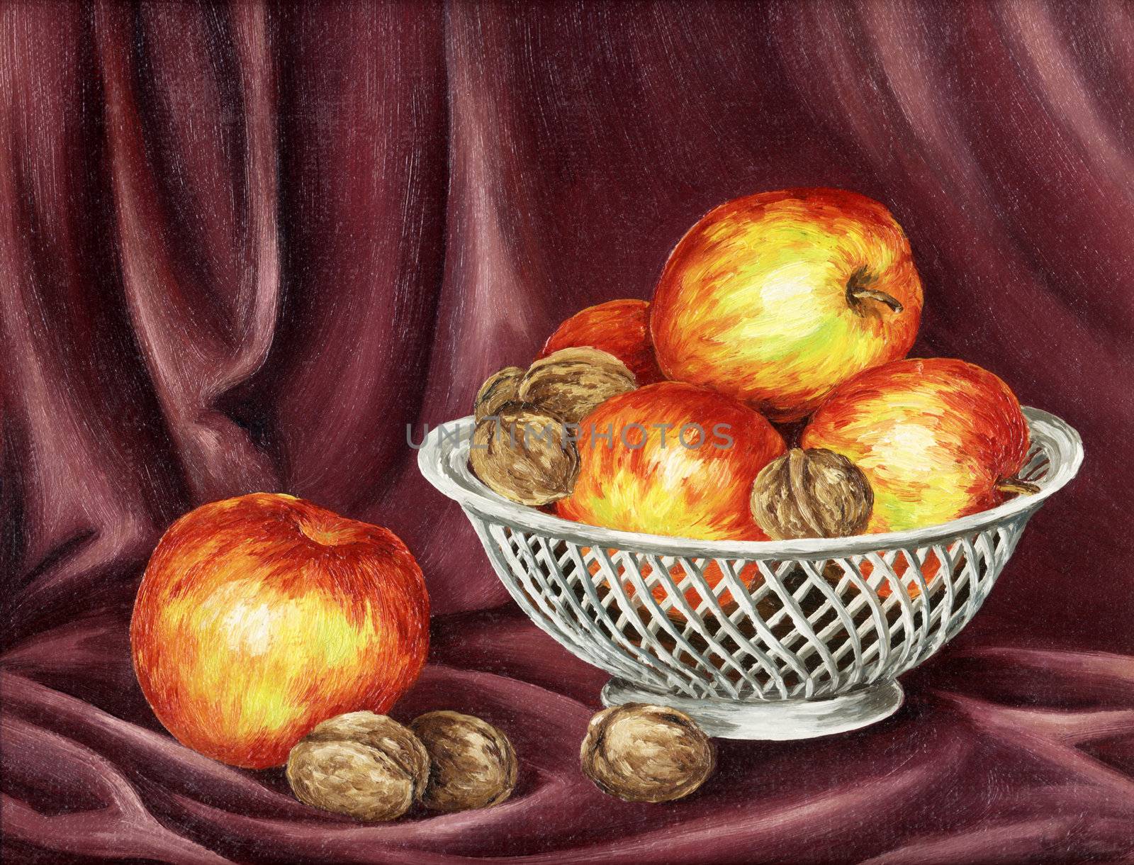 Apples and nuts on a red by alexcoolok