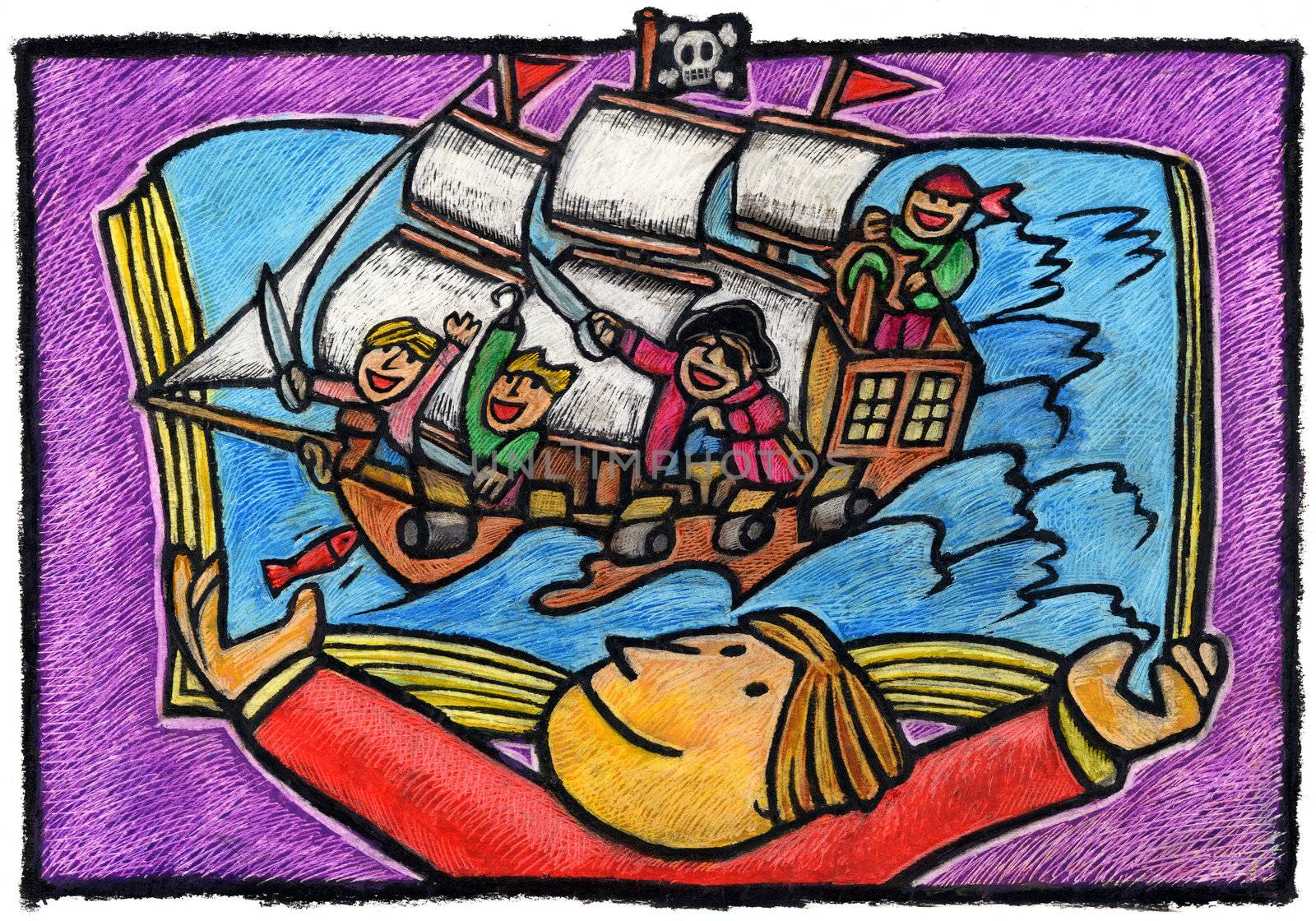 Boy hold an open book with a pirate ship inside. Adventure concept.
Technique: oil pastels on paper.
It is a work of mine scanned