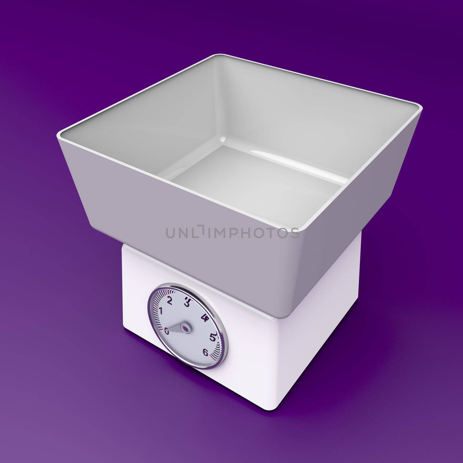 3d image of white retro weight scale on purple background