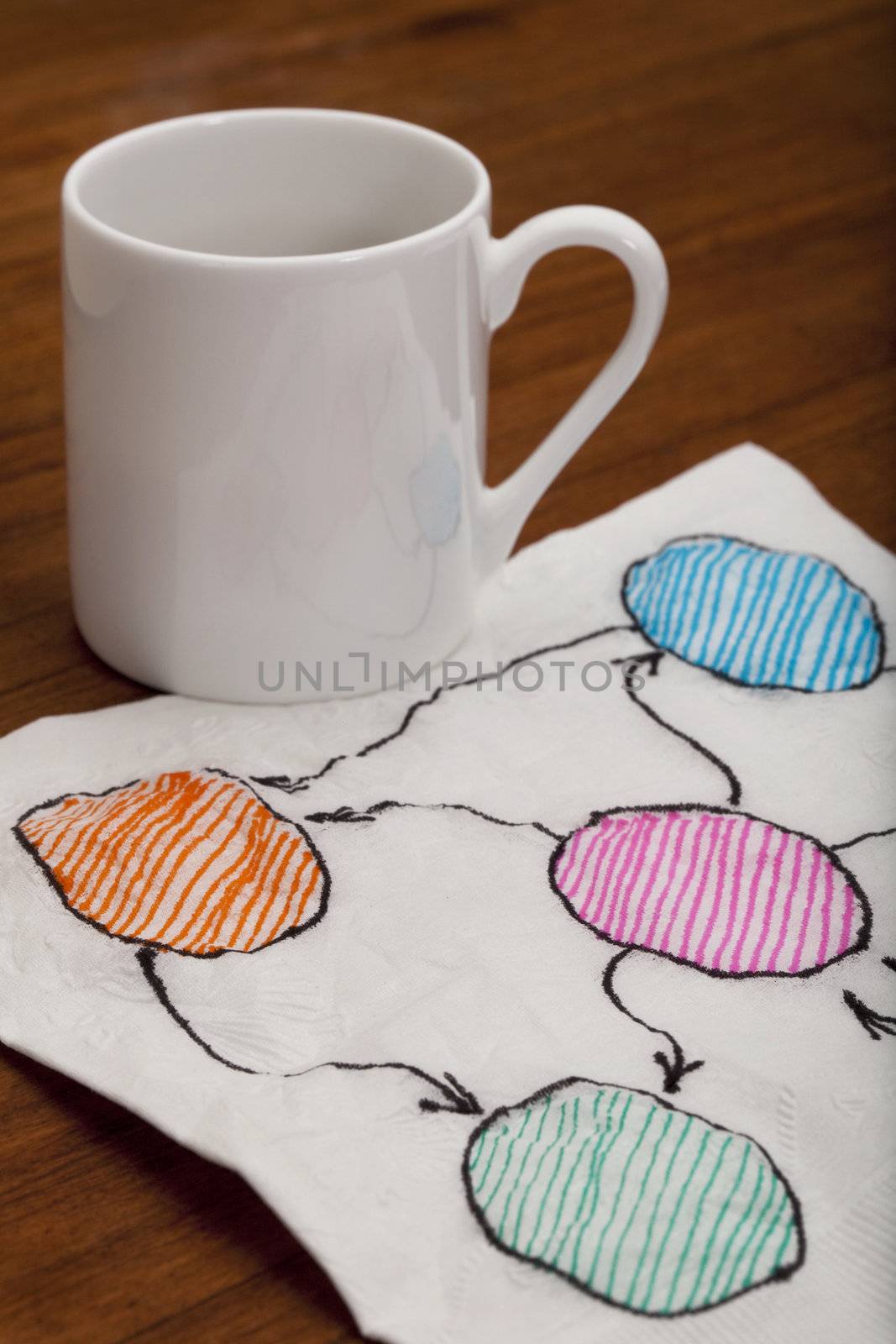 abstract flowchart or mind map - napkin doodle with espresso coffee cup on old wooden table