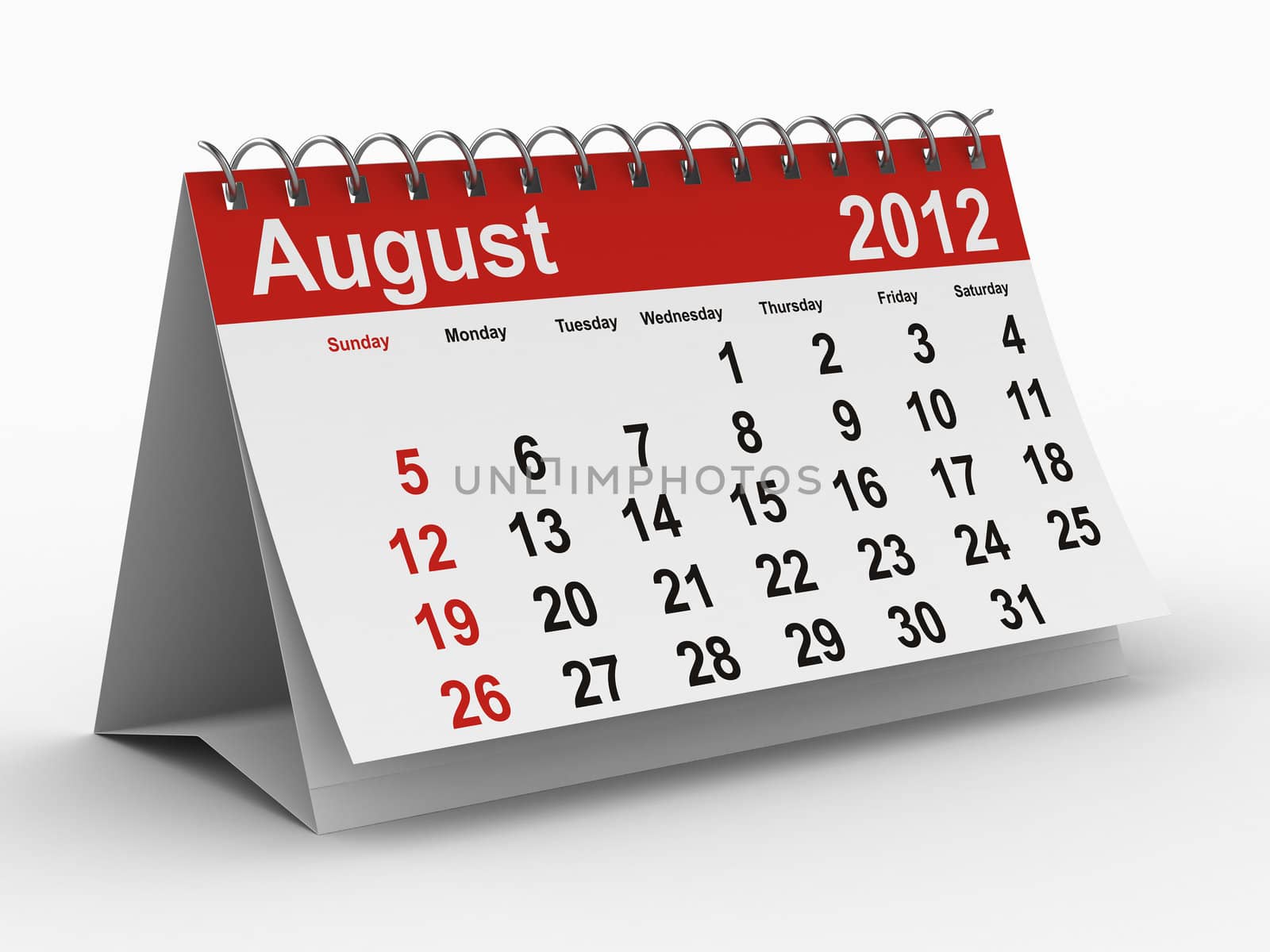 2012 year calendar. August. Isolated 3D image