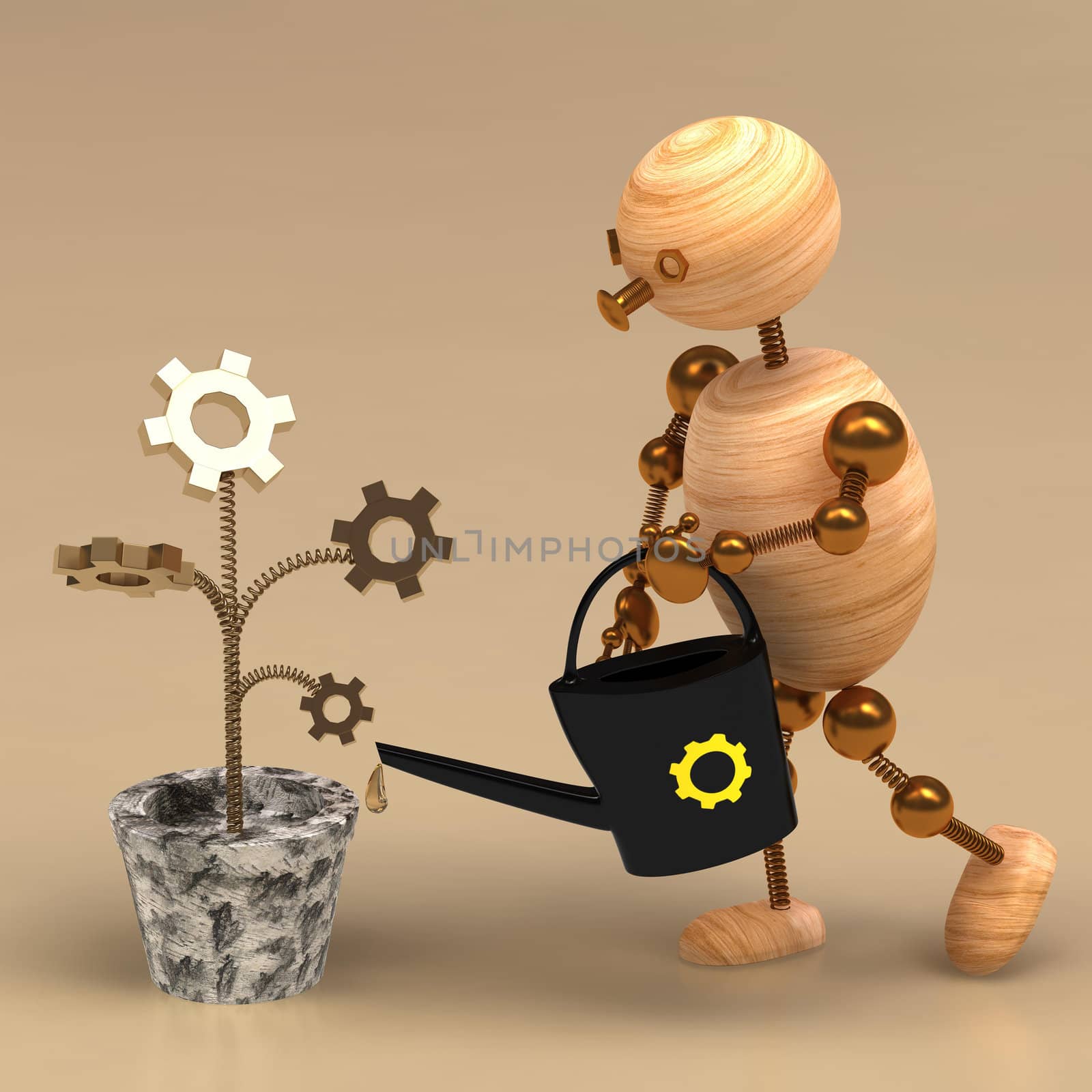 wood man water flowers 3d rendered for web and commercial