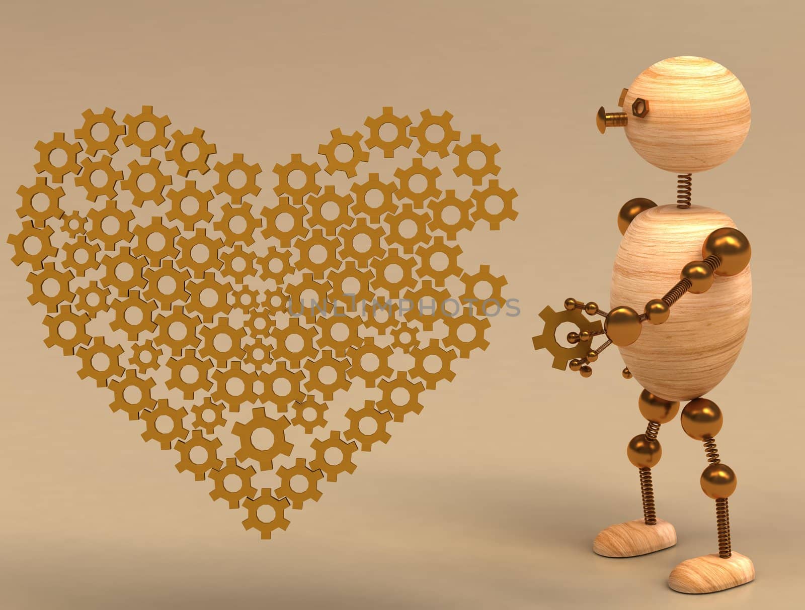 wood man mechanic heart 3d rendered for web and commercial