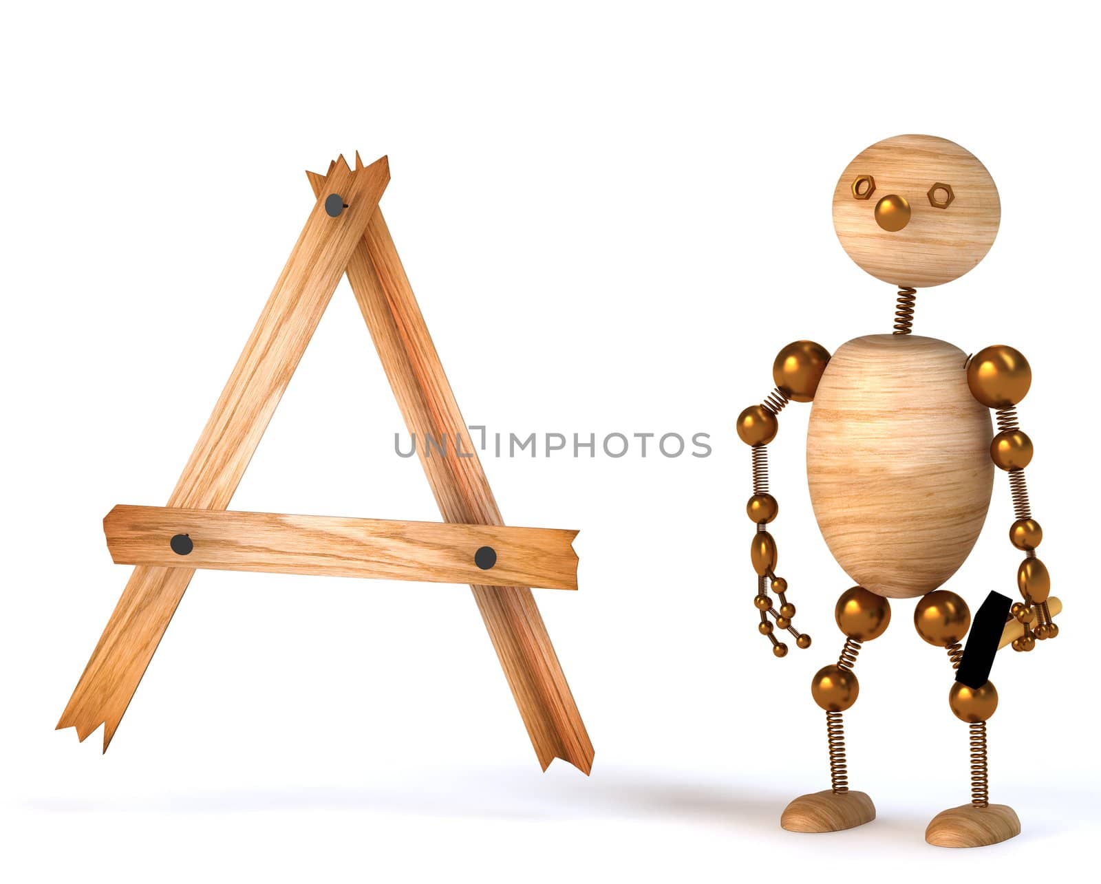 wood man with letter a 3d rendered