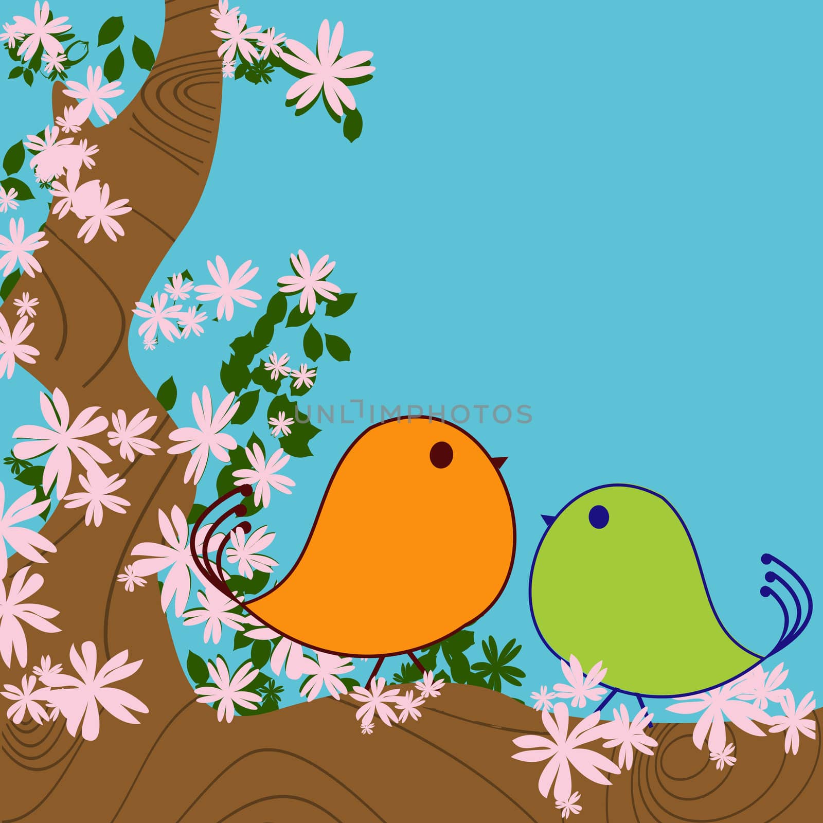 Cute birds and blossom tree background