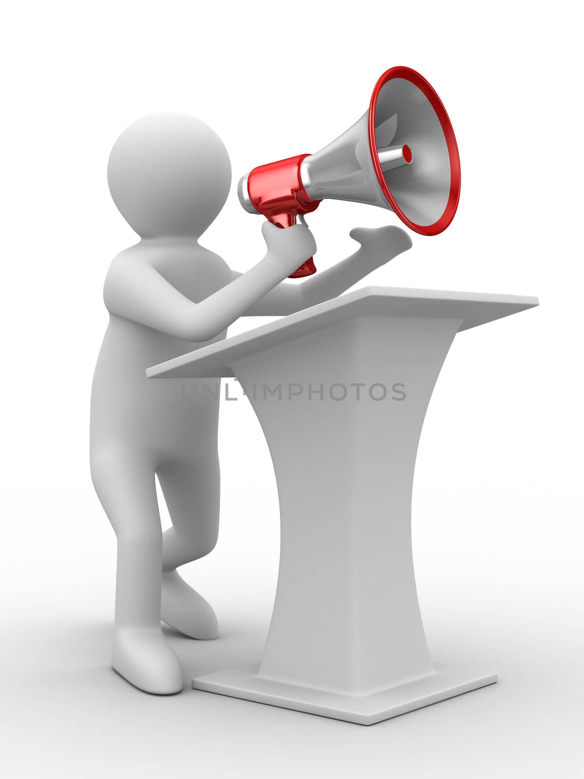 orator speaks in megaphone. Isolated 3D image