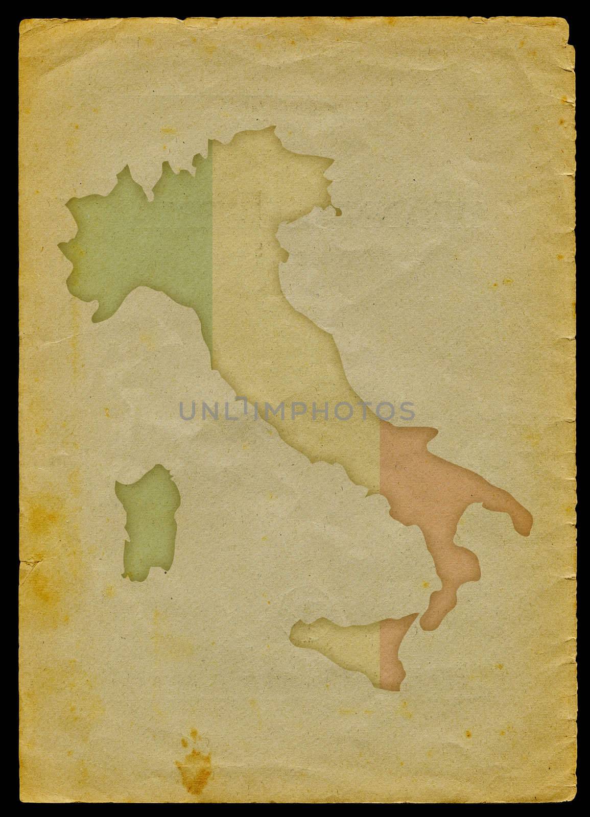 Italy map with flag inside engraved on a old paper page.
Clipping path of the map is included

the source of the image was taken from: 
http://www.lib.utexas.edu/maps/world_maps/world_pol_2006.pdf