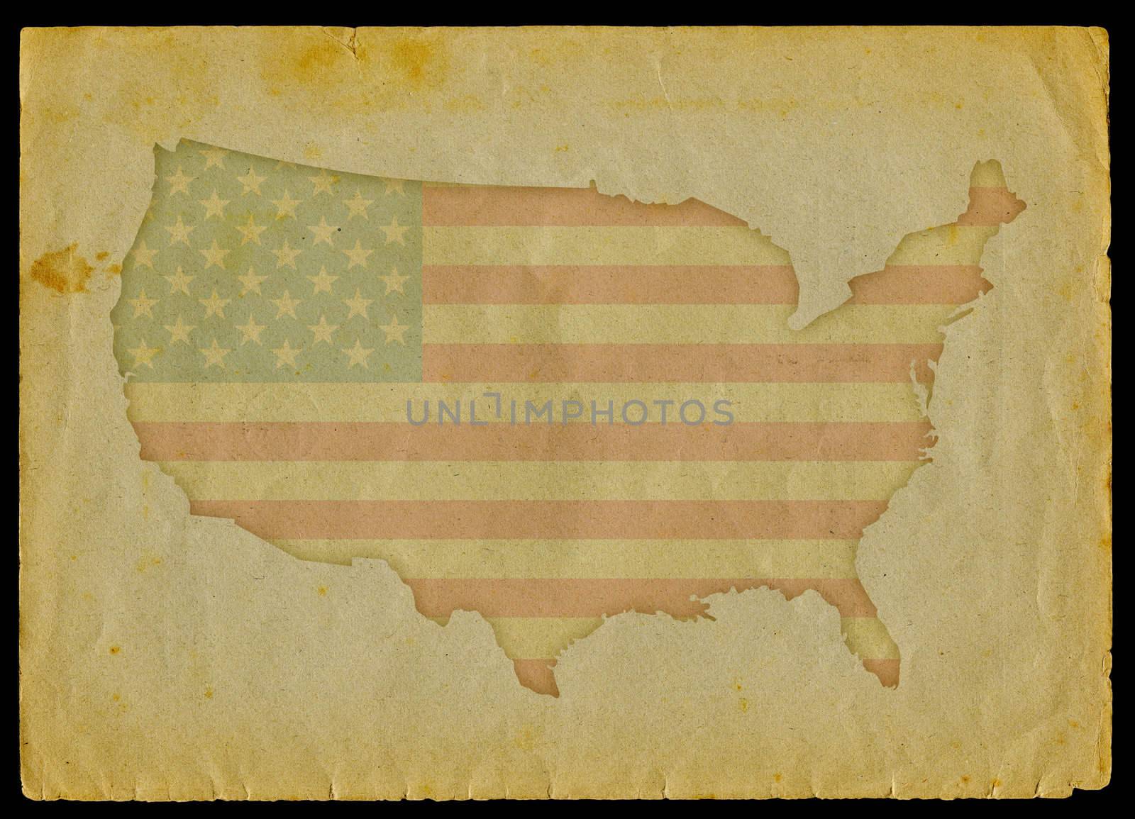 USA map with flag inside engraved on a old paper page.
Clipping path of the map is included.