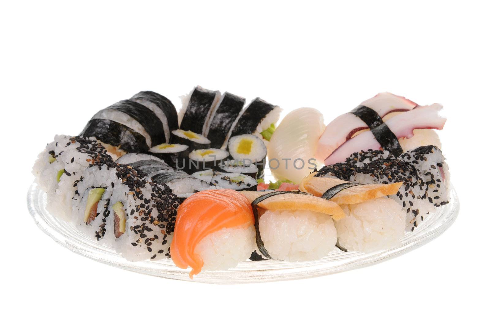 Plate with a selection of sushi isolated on white background