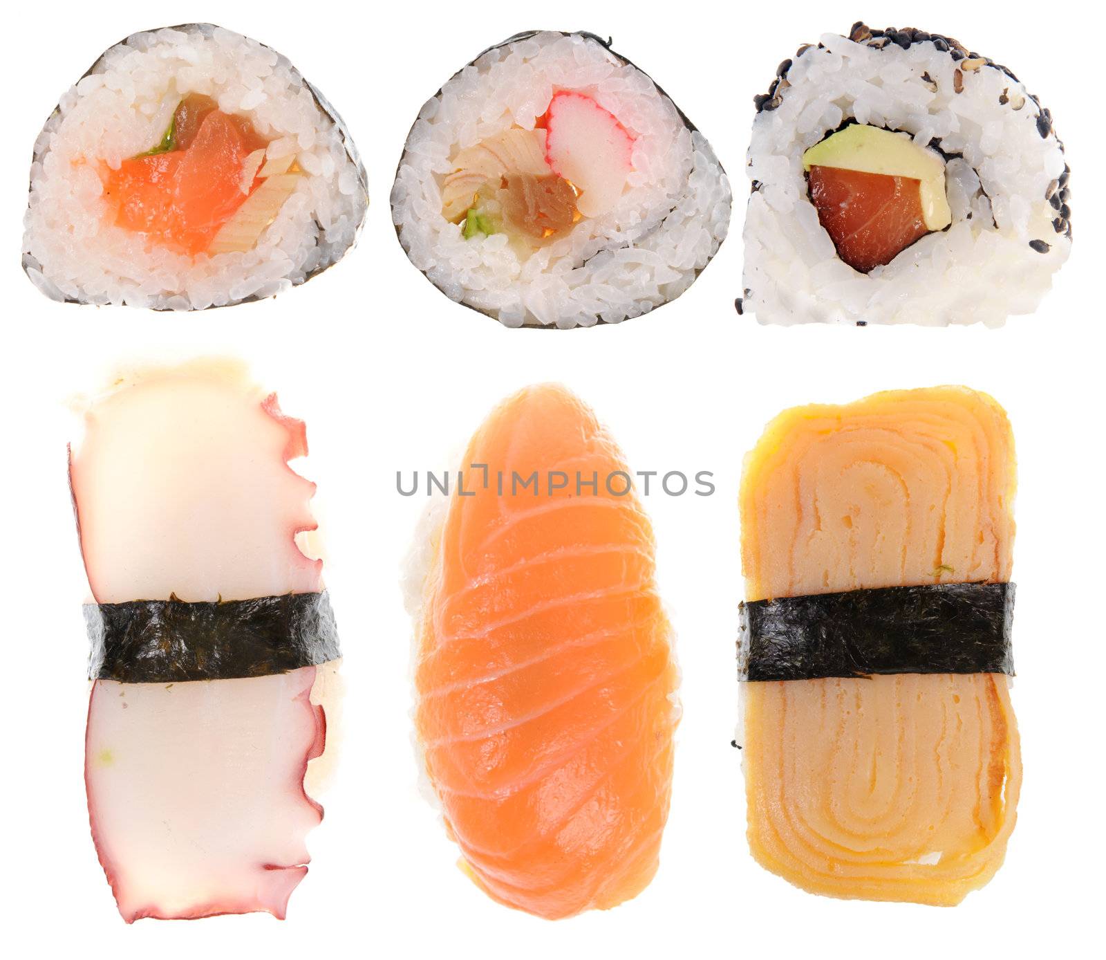 Selection of sushi isolated on white background