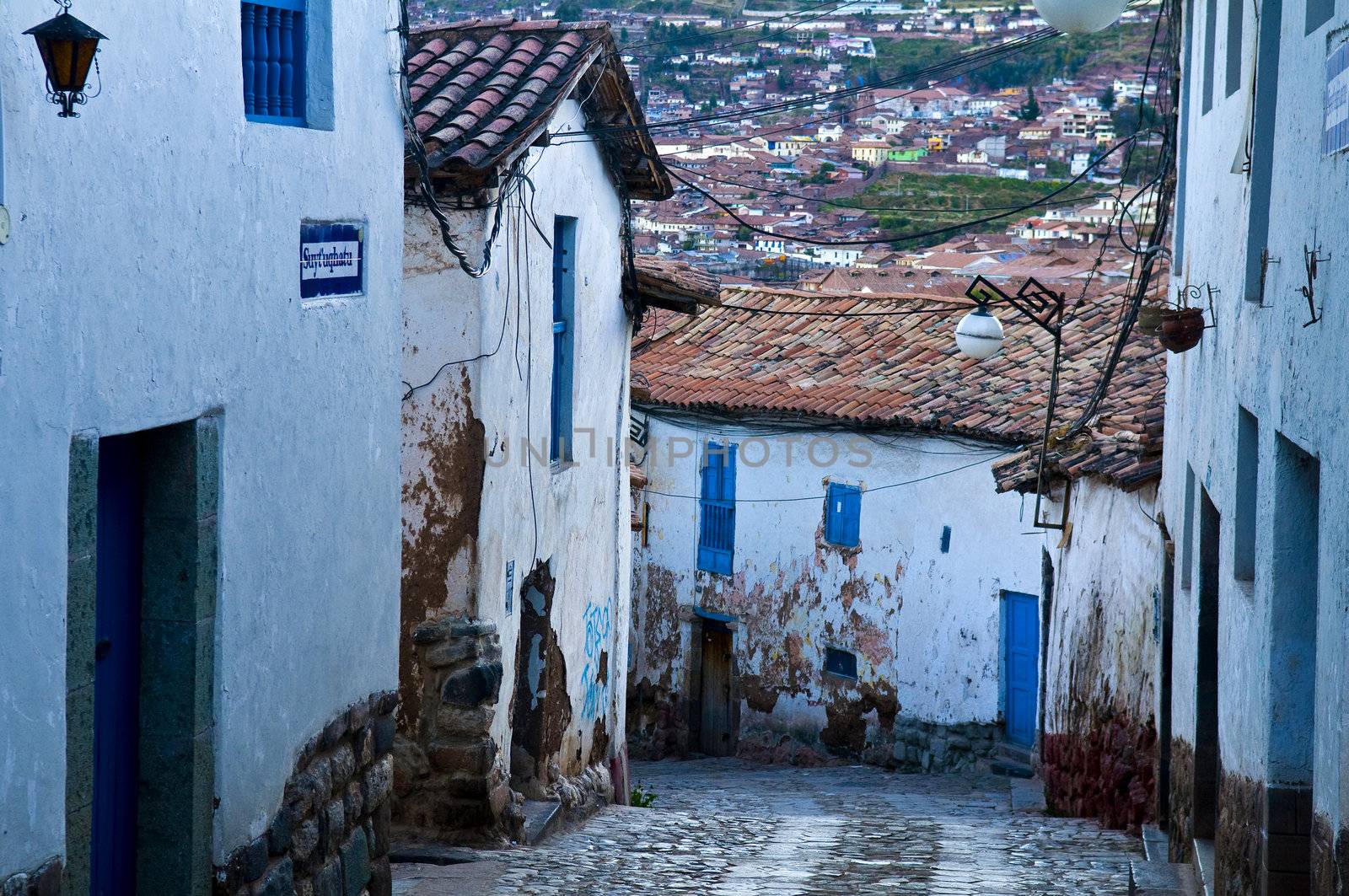 Old narrow street in the center of Cusco Peru