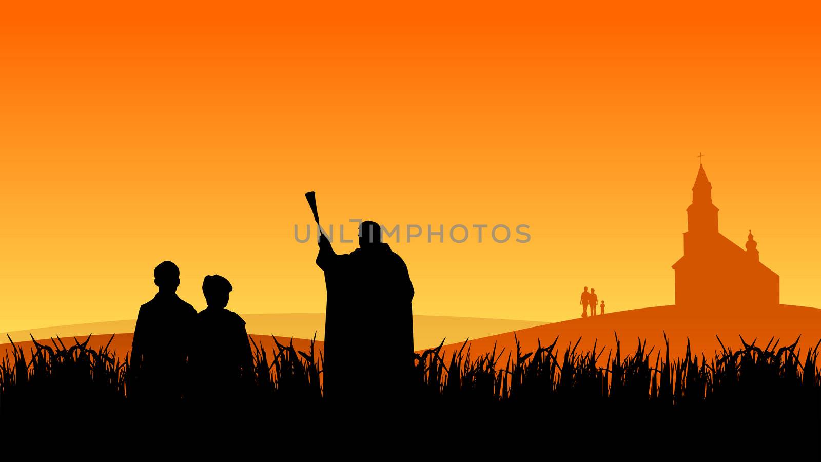 priest blessing newly wed couple at sunset near the church