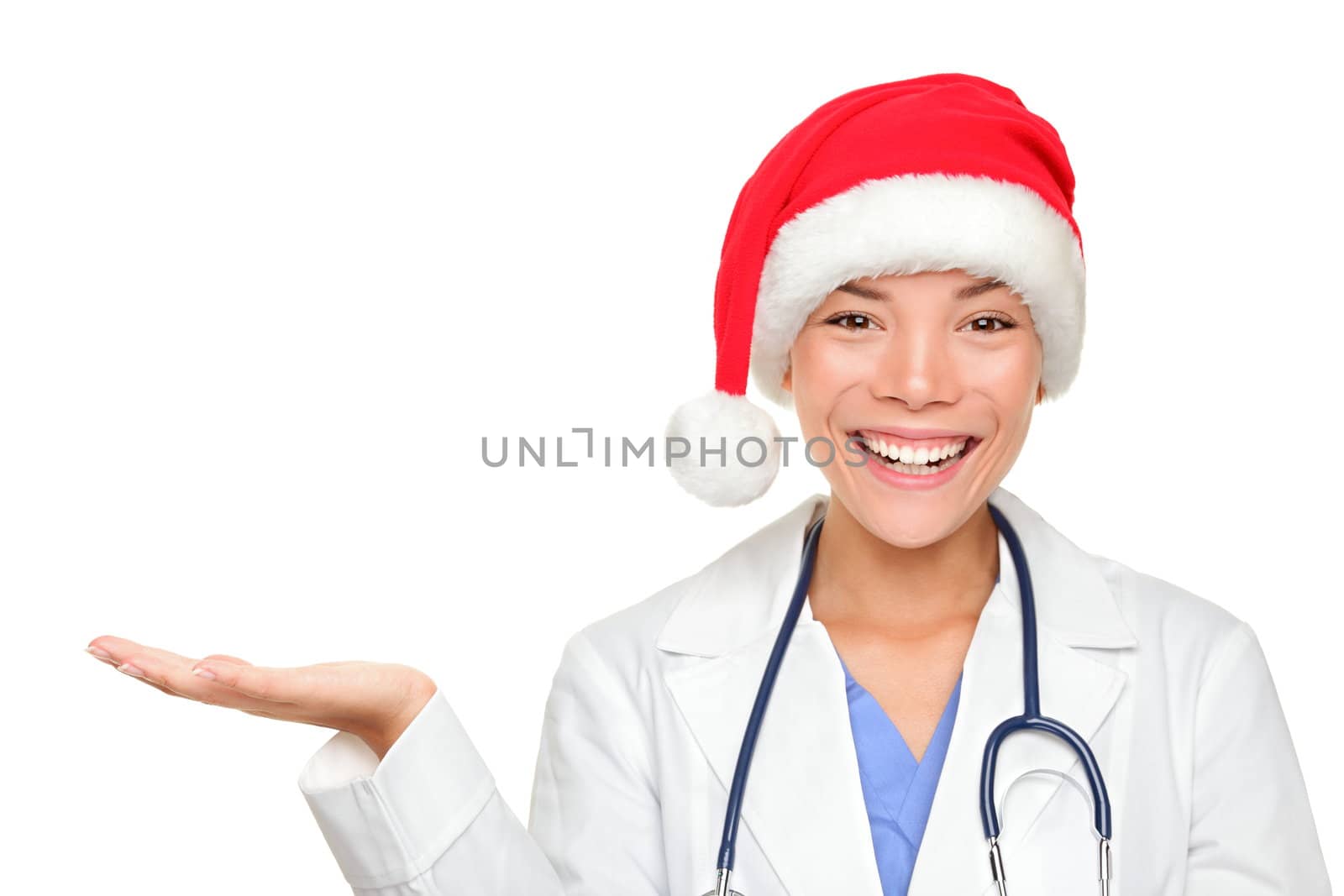 Christmas doctor showing holding hand palm open