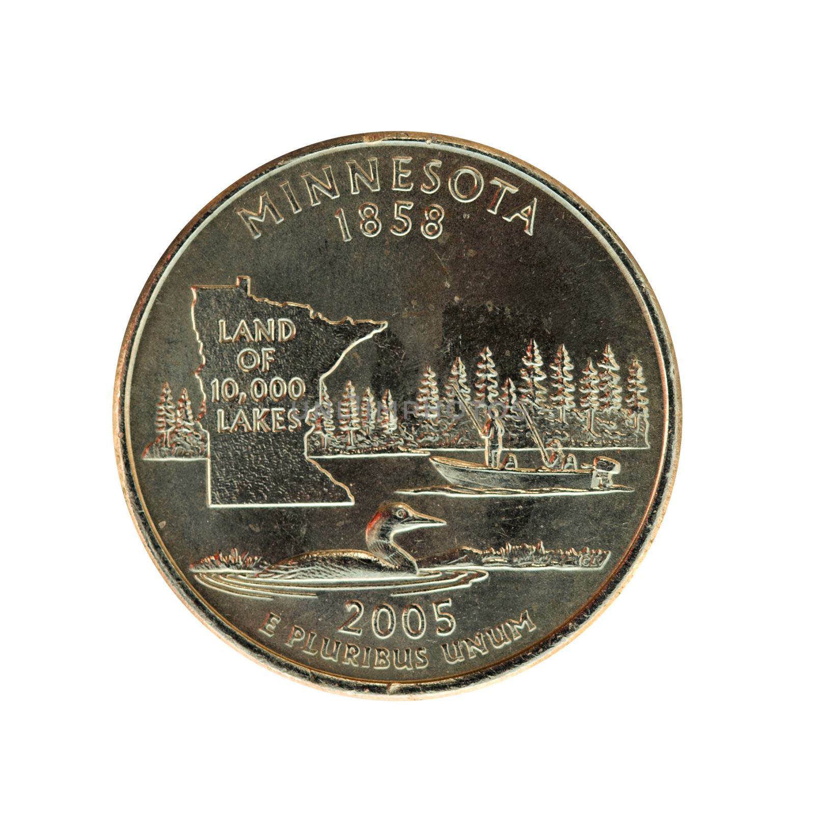 A 2005 Minnesota quarter showing the state nickname and fishing scene isolated on a white background.