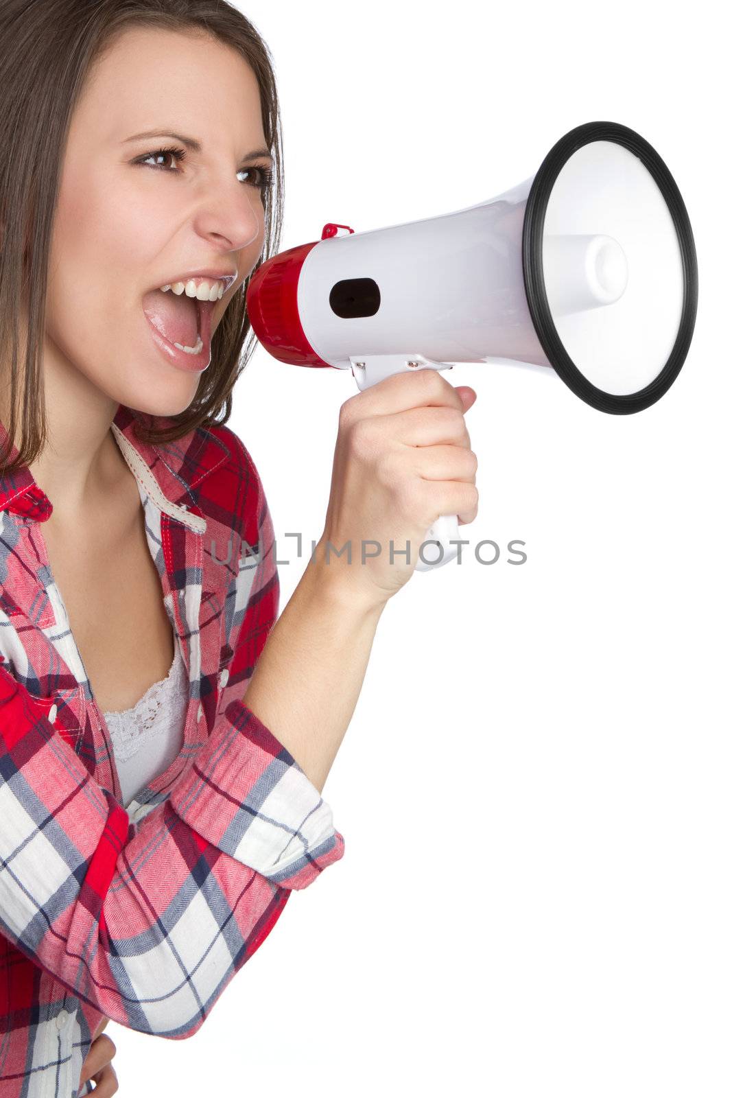 Beautiful woman yelling into megaphone