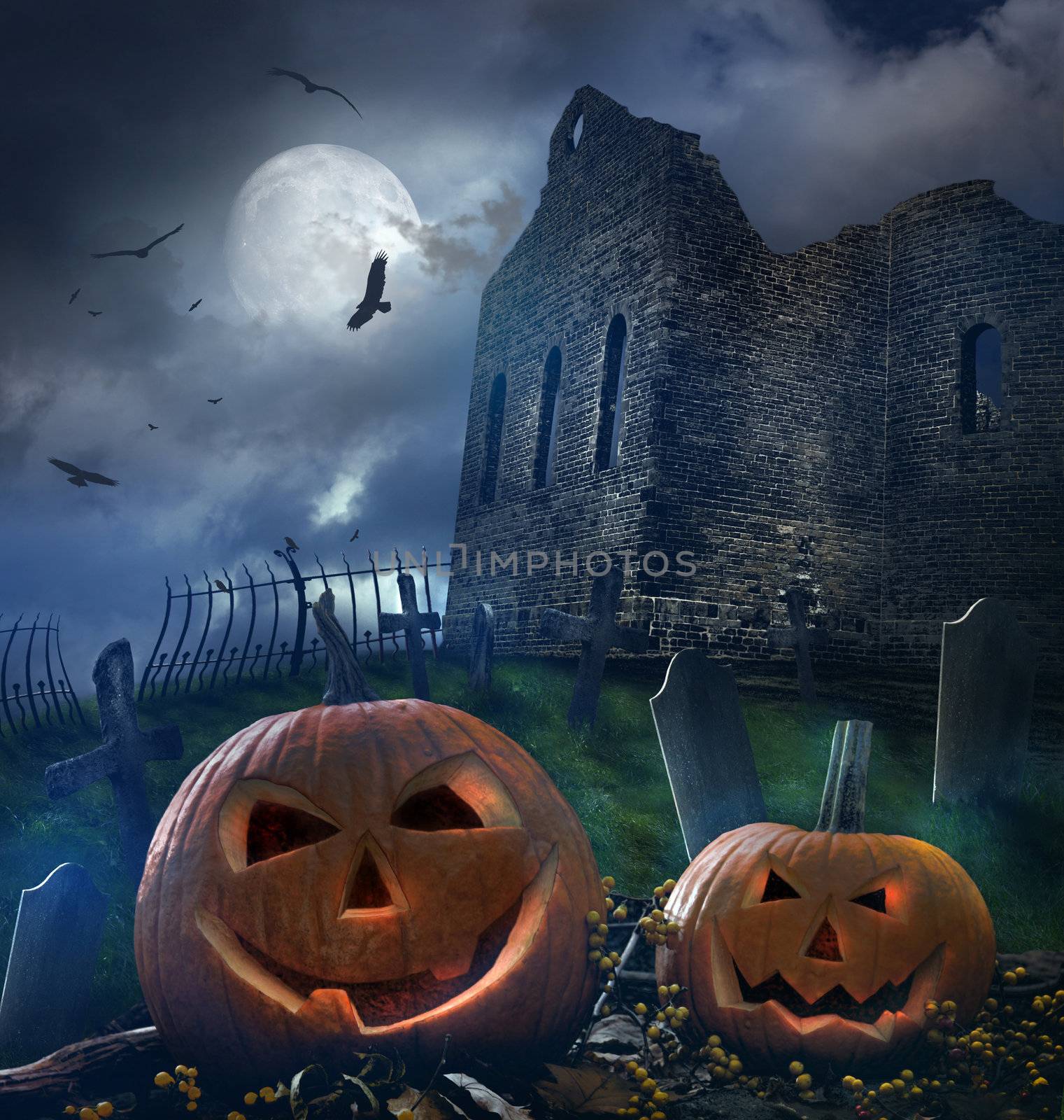 Pumpkins in graveyard with church ruins by Sandralise