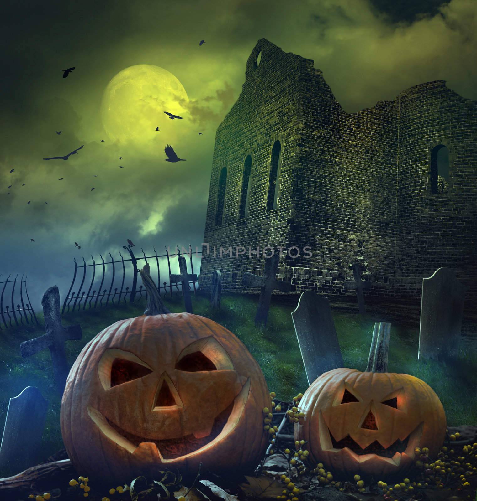 Pumpkins in graveyard with church ruins by Sandralise