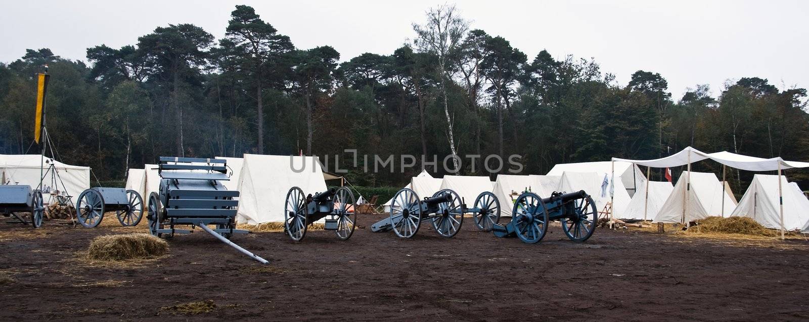 AUSTERLITZ, THE NETHERLANDS, OCTOBER 12, 2008 � History enthusiasts take part in the replay of the inspection of the troops by Louis Napol�on , king of Holland from 1806-1810. Camp before sunrise