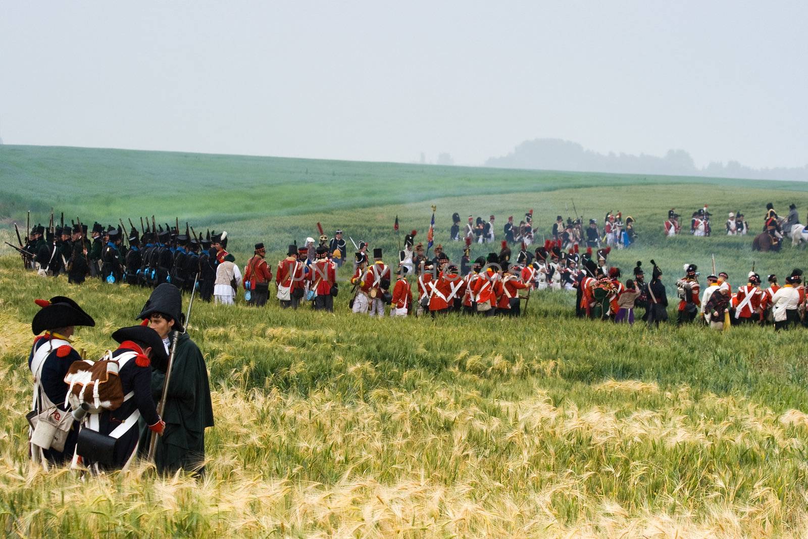 WATERLOO, BELGIUM, JUNE 21, 2009 - History enthusiasts from 24 countries  take part in the re-enactment of the battle of Waterloo that in 1815 ended Napoleon's imperial dream. Soldiers on field