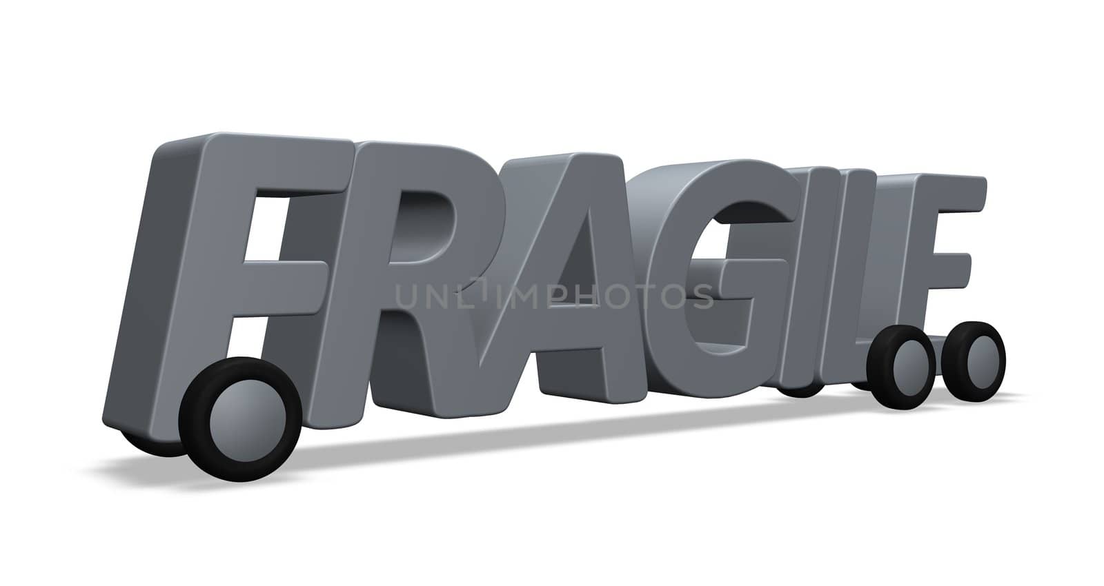 the word fragile on wheels - 3d illustration