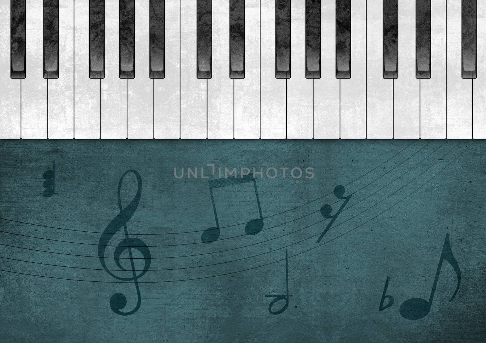 Illustration of Piano Keys and Musical Notes Over Textured Background