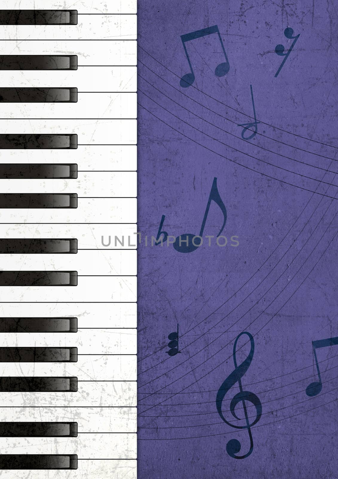 Illustration of Piano Keys and Musical Notes Over Textured Background