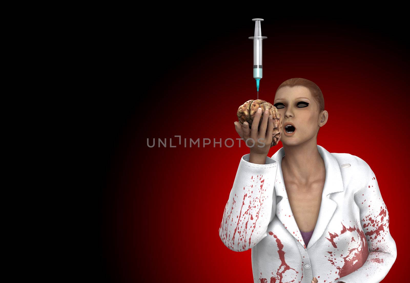 Conceptual image showing a gruesome doctor holding a brain full of drugs.