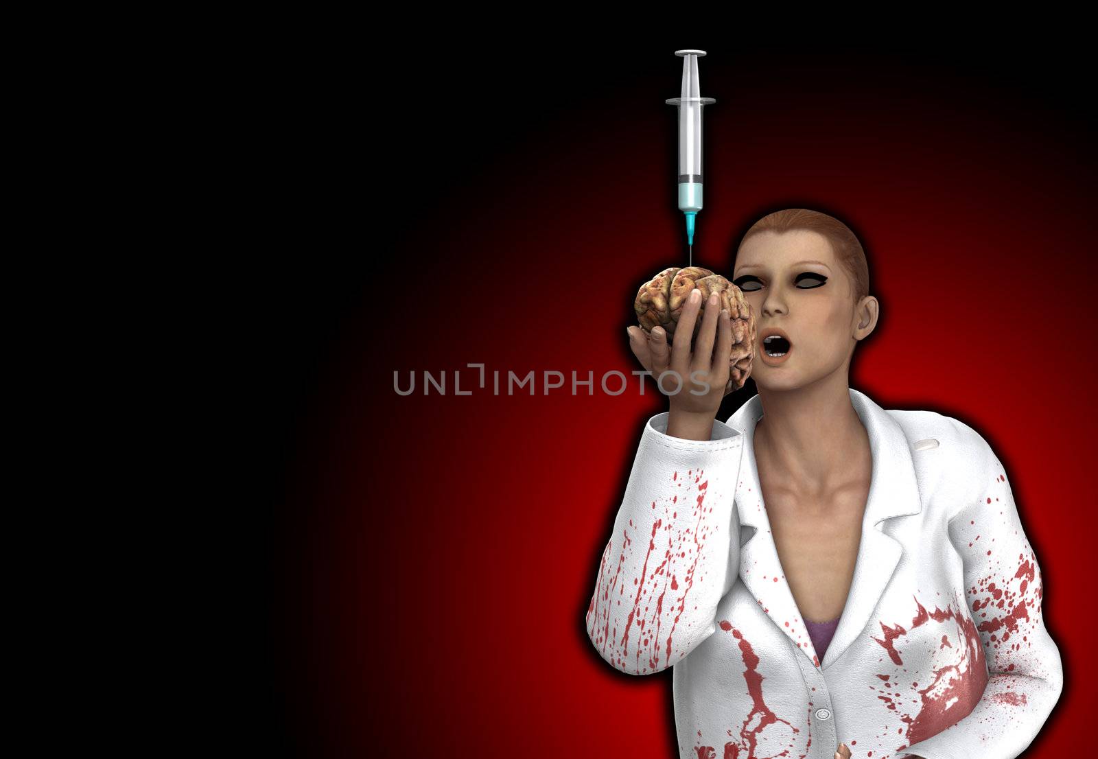 Conceptual image showing a gruesome doctor holding a brain full of drugs.