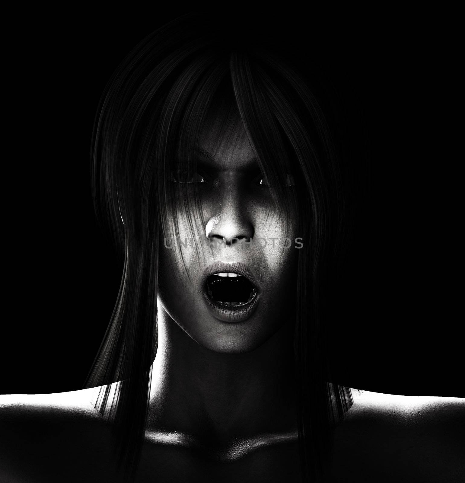 Close up image of a creepy looking women.
