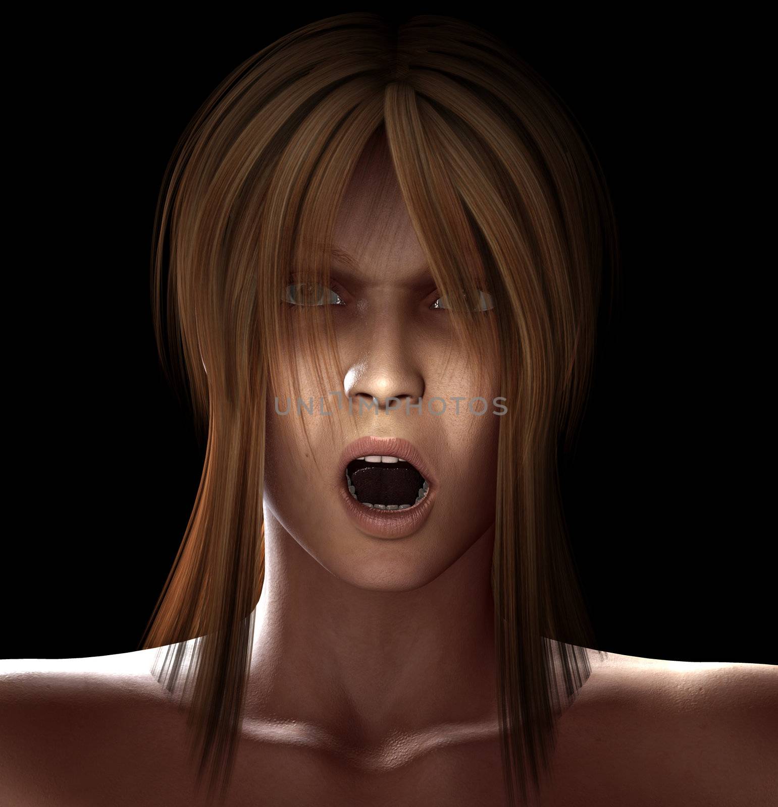 Close up image of a creepy looking women.